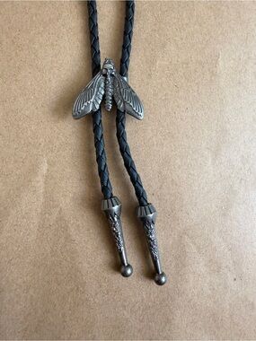 Black faux Leather Bolo Tie with Metal Moth Accent